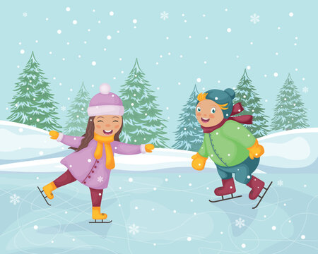 Children at the skating rink. Cute winter illustration of children skating on ice. Funny boy and girl on a skating rink against the background of a winter forest. Vector