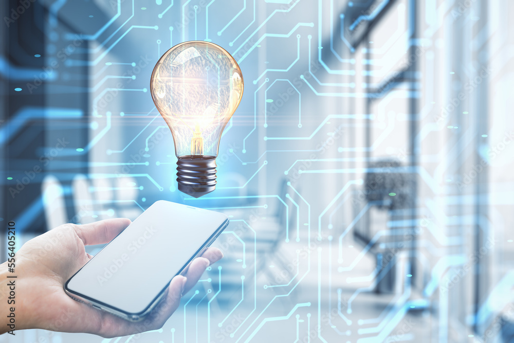 Poster close up of female hand holding cellphone with abstract circuit and lamp hologram on blurry office i
