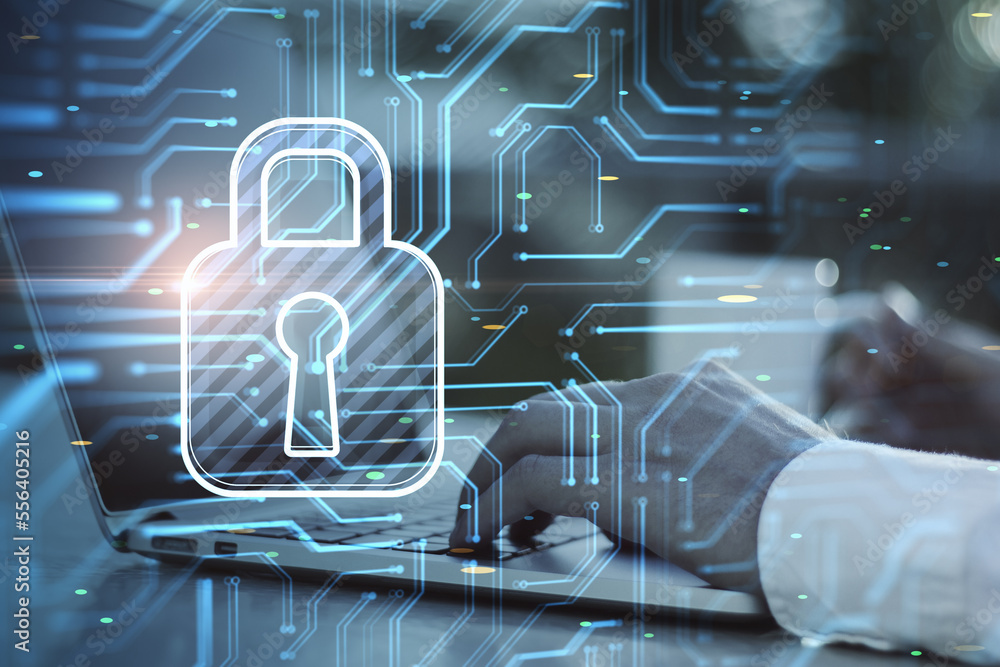 Poster close up of male hands using laptop on desktop with coffee cup and glowing padlock and circuit holog