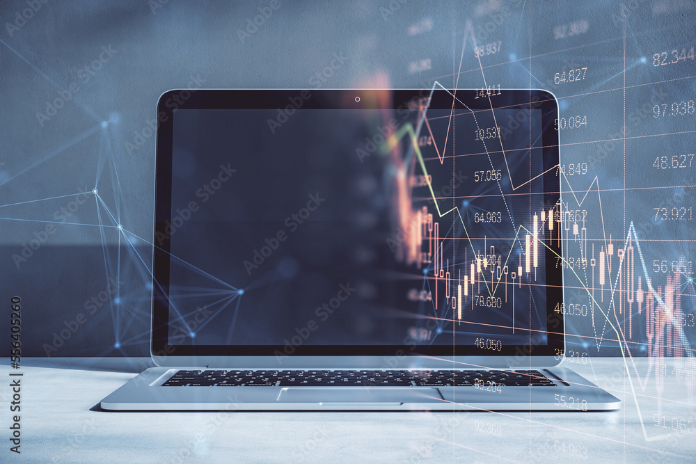 Aufkleber Close up of laptop computer with falling red index candlestick graph on screen. Blurry background. Crisis, market fall, recession and money loss concept. Double exposure.