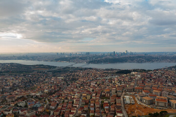Istanbul drone landscape beautiful sunset Bosphorus Bridge, Istanbul Turkey. Best touristic destination of Istanbul. Romantic view of Istanbul city.