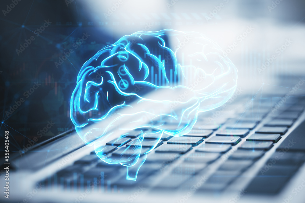 Poster close up of laptop computer keyboard with glowing digital brain hologram on blurry background. the c