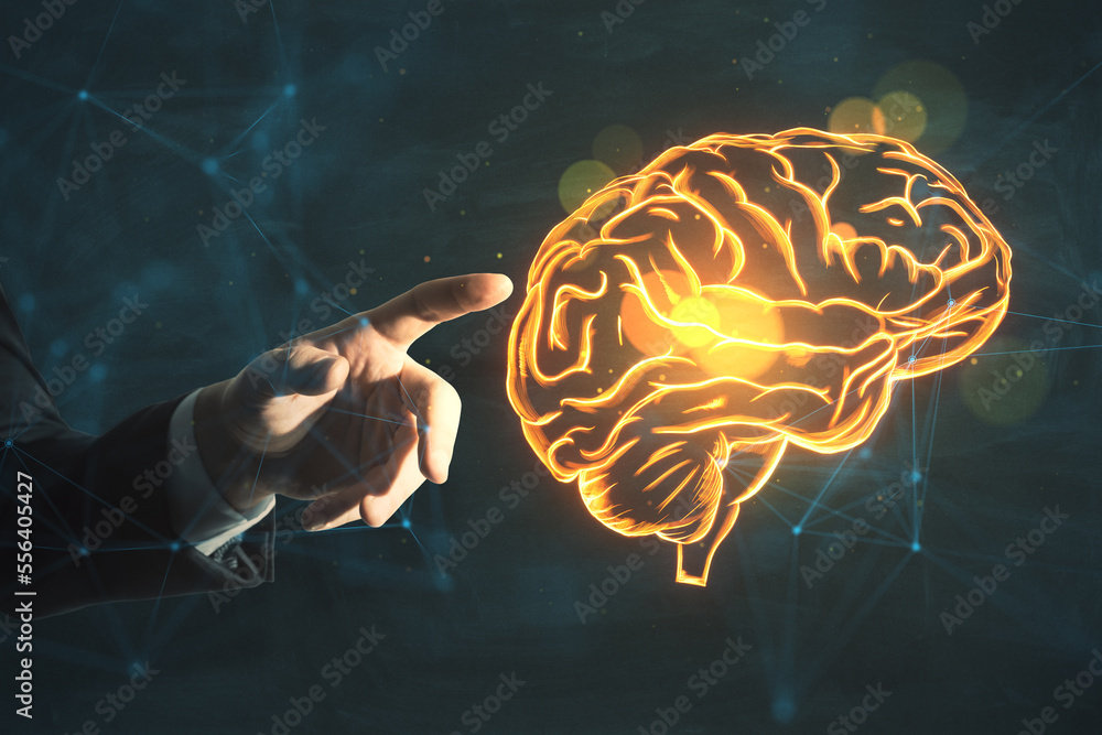 Poster artificial intelligence virtual emulation scientific technology concept with businessman finger on v
