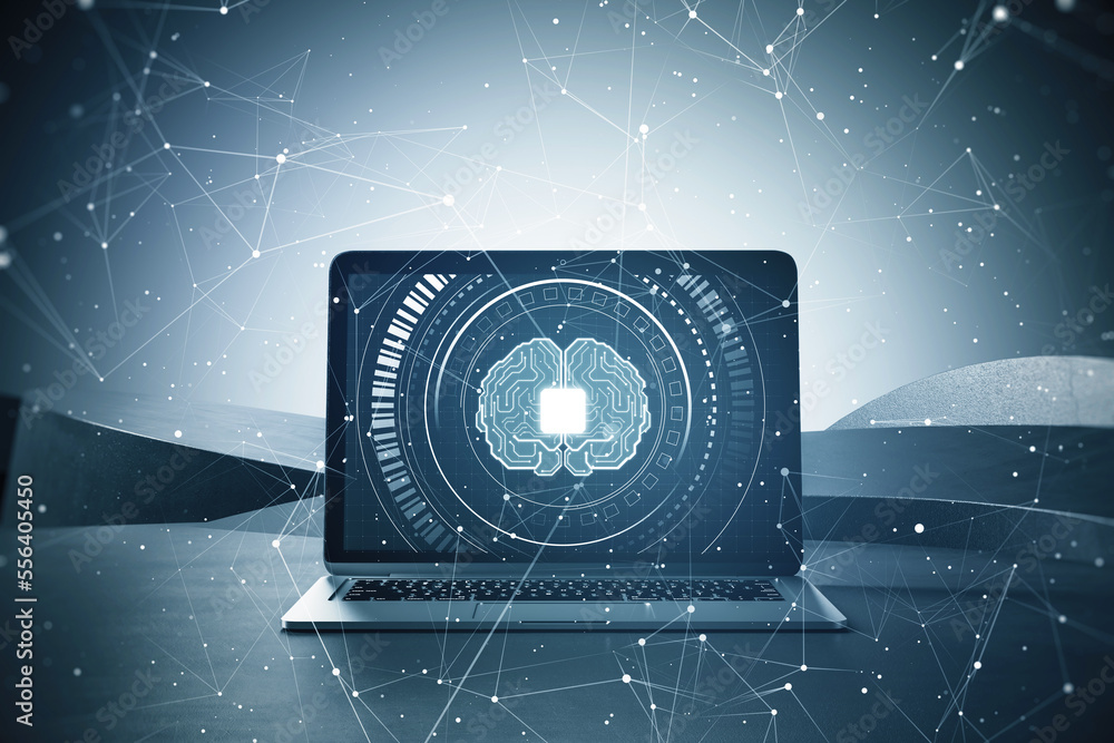 Poster close up of laptop computer with glowing polygonal chip and brain hologram on blurry dark background