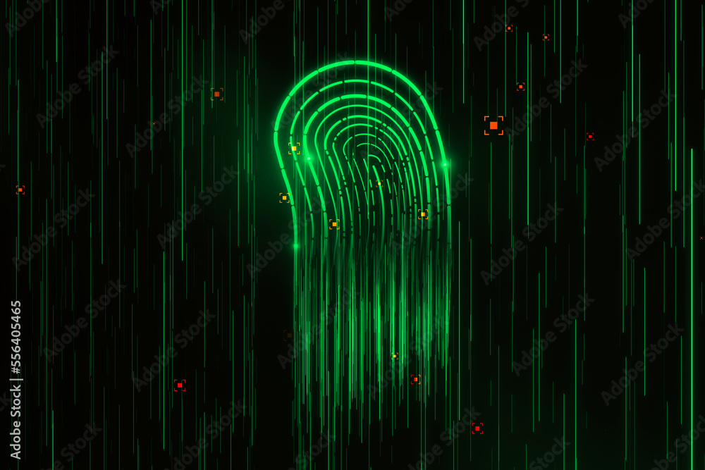 Aufkleber Abstract glowing green fingerprint hologram on dark background. Forensics and ID concept. 3D Rendering.