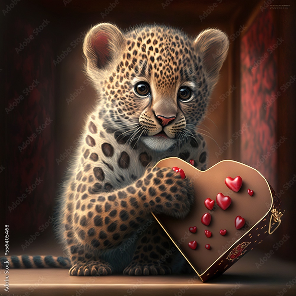 Poster a leopard cub holding a heart shaped box of chocolates with a heart shaped box on the floor in front