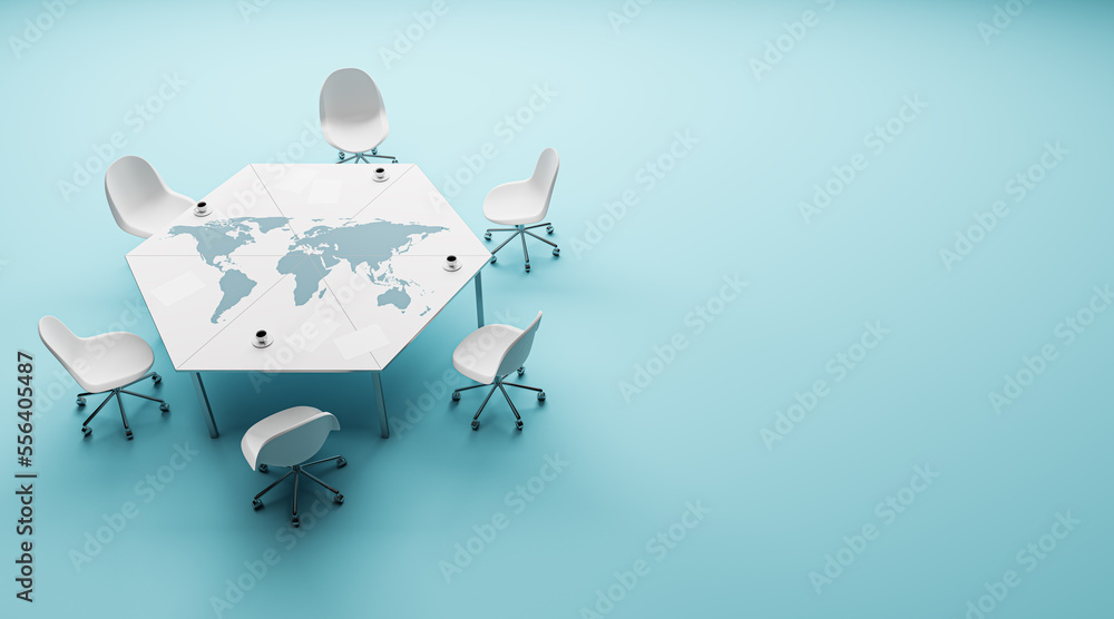 Poster top view of hexagonal conference table with map and coffee cup, chairs on blue floor with mock up pl