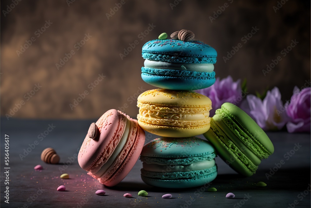 Poster a stack of colorful macaroons sitting on top of each other on a table next to flowers and a vase. ge