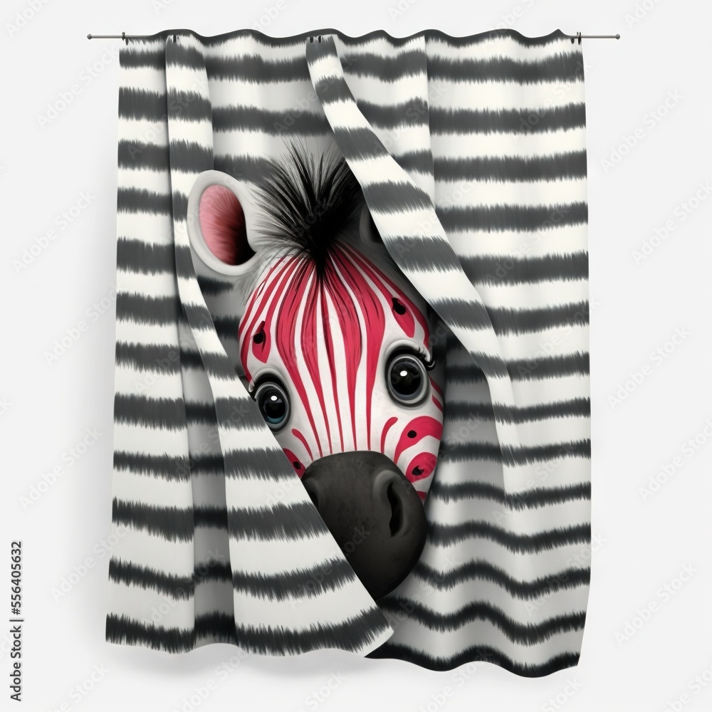 Poster a zebra peeking out of a curtain with a black and white background and a red nose on it's head. gene