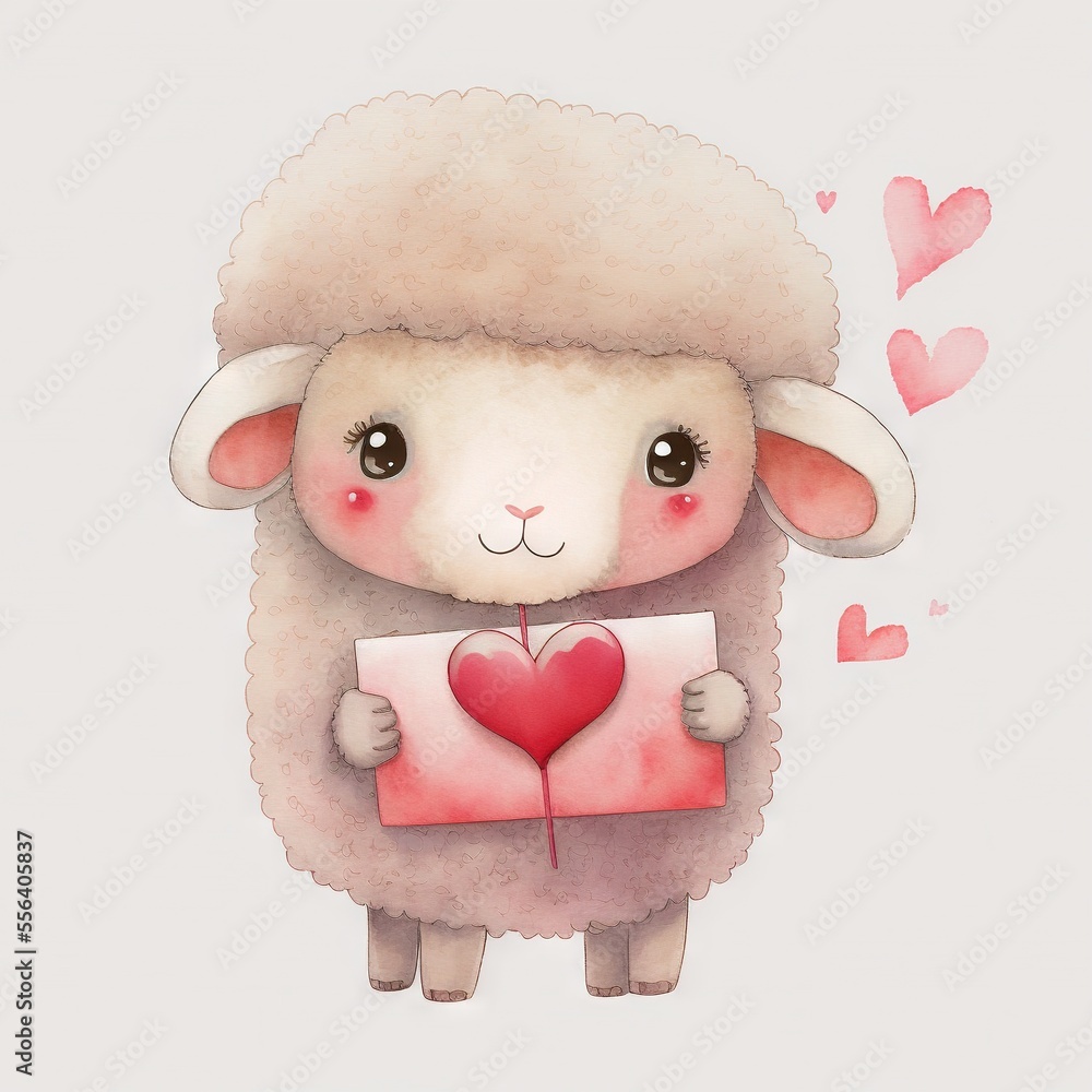 Poster a sheep holding a heart shaped box with a message in it's mouth and a heart on its chest. generative