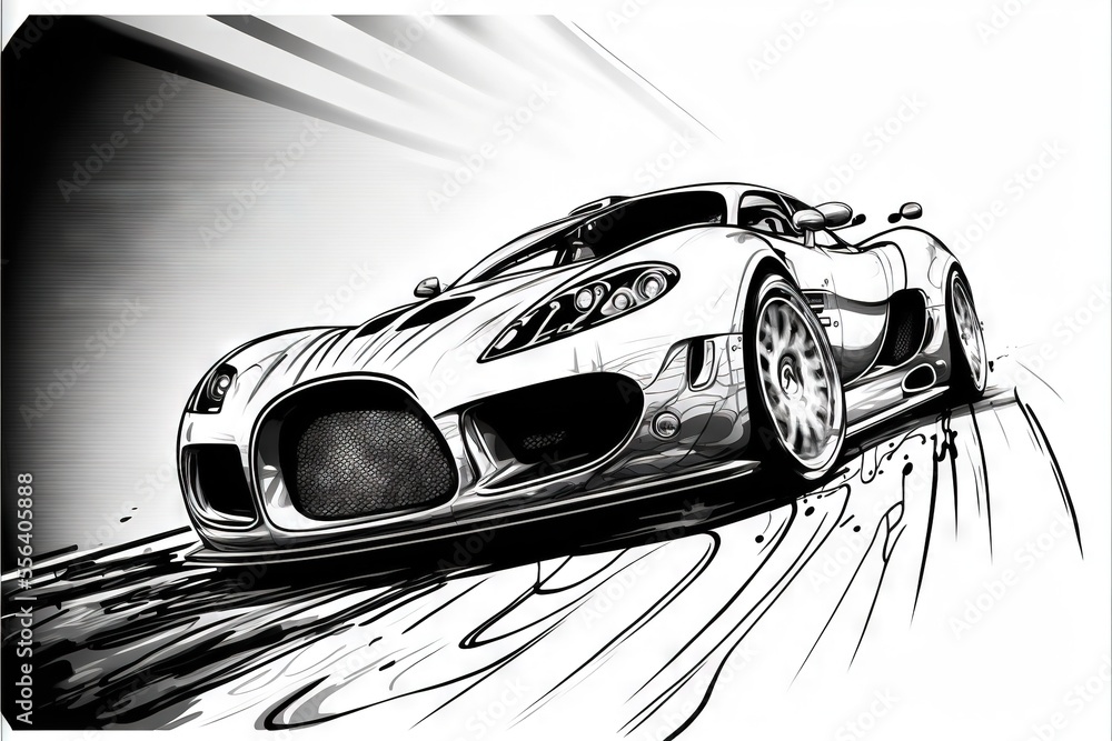 Poster a drawing of a car driving on a track with a speedometer on the side of it's head. generative ai