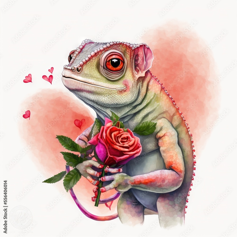 Aufkleber a lizard holding a rose with hearts in the background and a pink background with hearts in the backg
