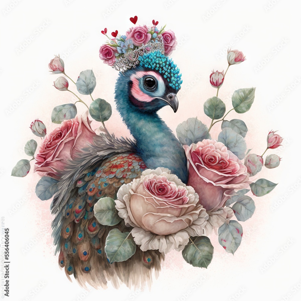 Poster  a peacock with a crown on its head surrounded by roses and leaves and roses on a white background with a pink rose. Generative AI