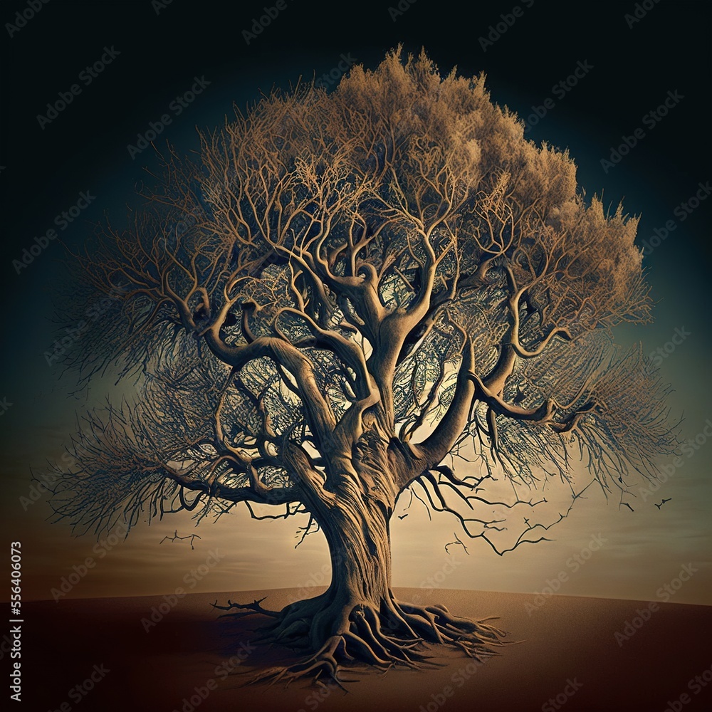 Poster a tree with no leaves in a barren area with a moon in the background and a sky with clouds. generati