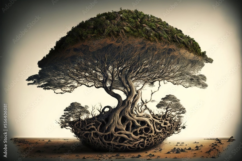 Poster a tree with a very large root in it's trunk and roots growing out of it's trunk. generative ai