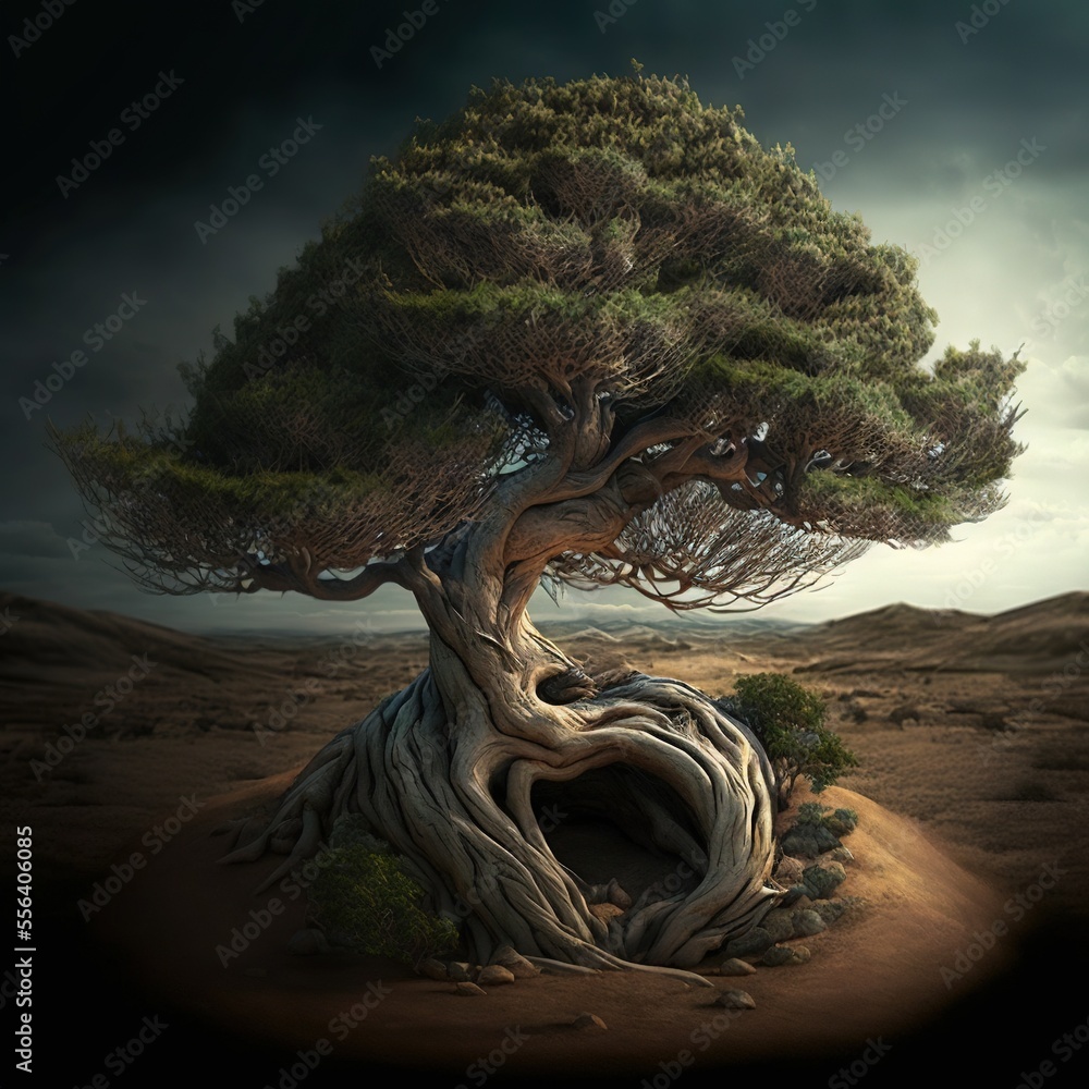Aufkleber a tree with a twisted trunk in a desert landscape with a dark sky in the background and a dark cloud