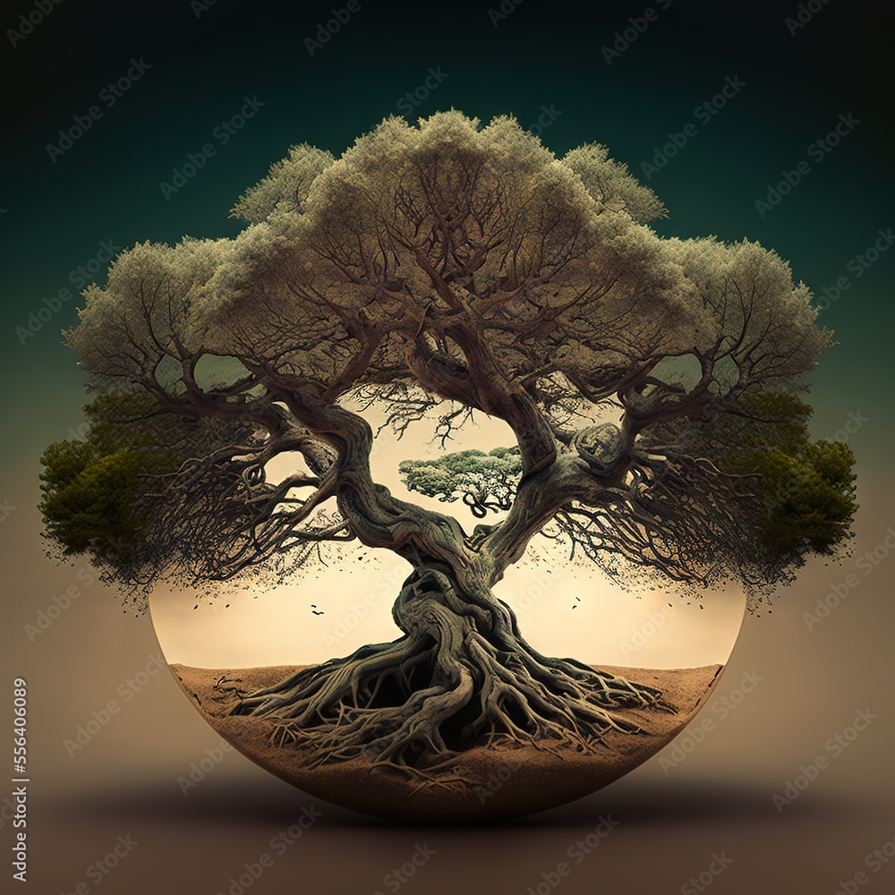 Poster a tree with a lot of roots in a circle with a sky background and a sun in the background. generative