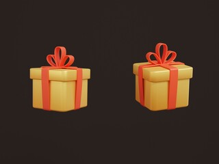 Gold gift box with red bow isolated on black background, Christmas and Happy new year - 3D render