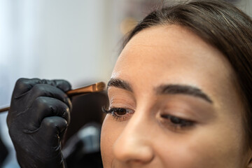 eyebrow correction and modeling in a beauty salon close-up. perfect eyebrows eyebrow coloring.