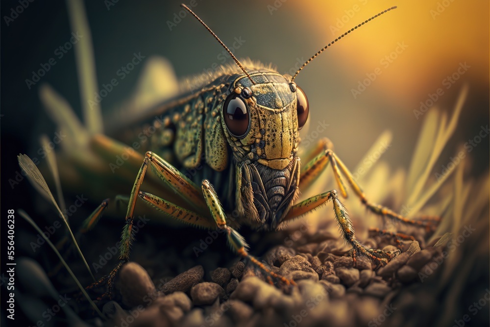 Poster a close up of a grasshopper on a rock surface with a blurry background of grass and rocks. generativ