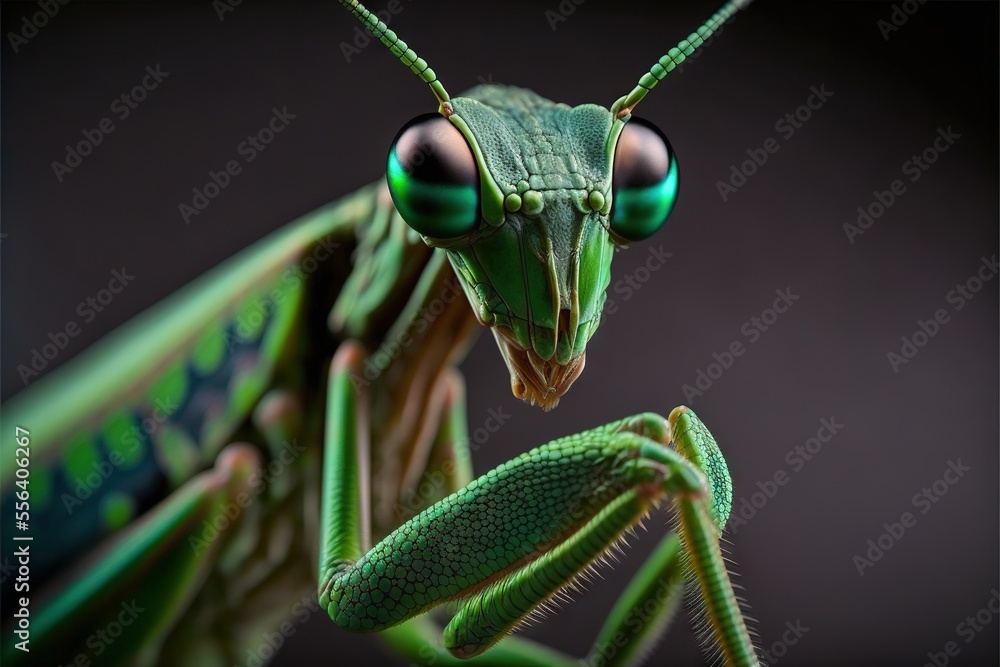 Poster a close up of a praying mantissa on a black background with a green background and a black backgroun