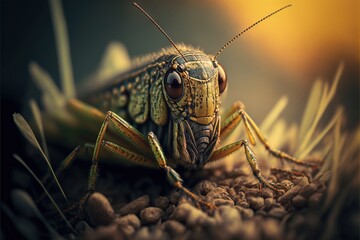  a close up of a grasshopper on a rock surface with a blurry background of grass and rocks. Generative AI - obrazy, fototapety, plakaty