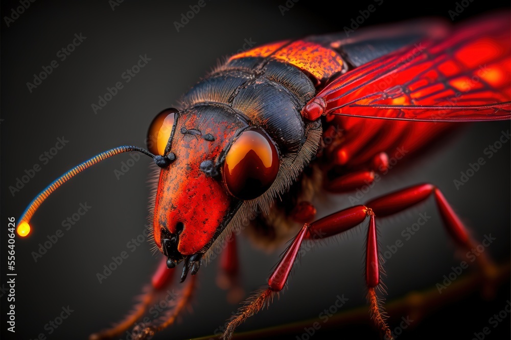 Poster a close up of a red insect on a black background with a red light on it's head. generative ai