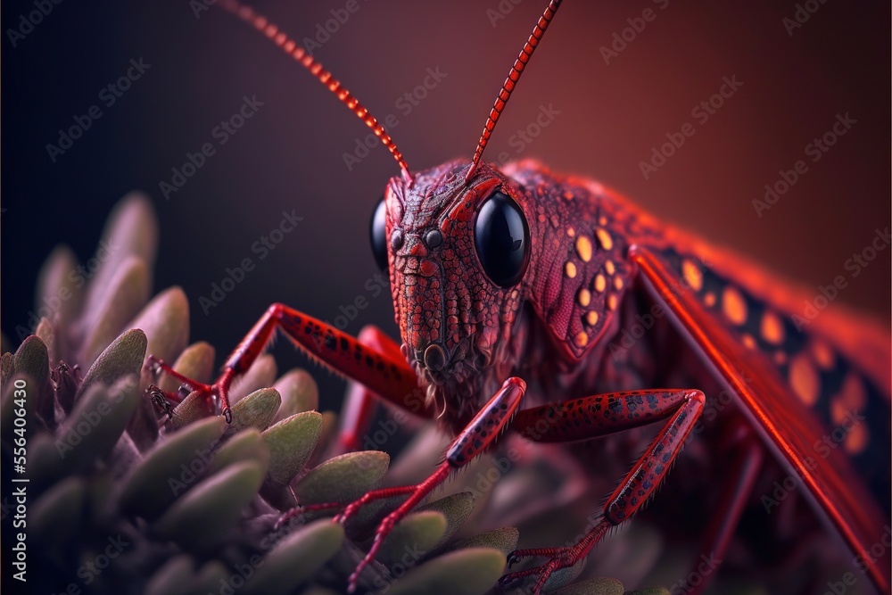 Poster a close up of a red insect on a plant with a black background and a red background with a red and ye