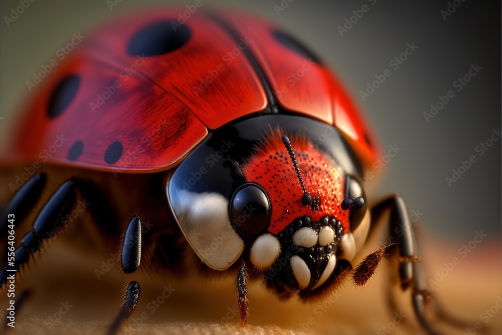 Poster a close up of a lady bug on a surface with a blurry background and a black spot on the back of the b