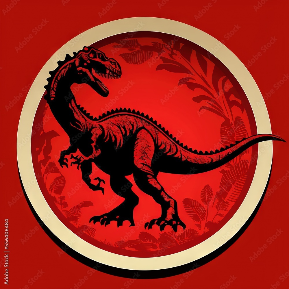 Poster a red and white circular with a dinosaur on it's side and a red background with a white circle with 