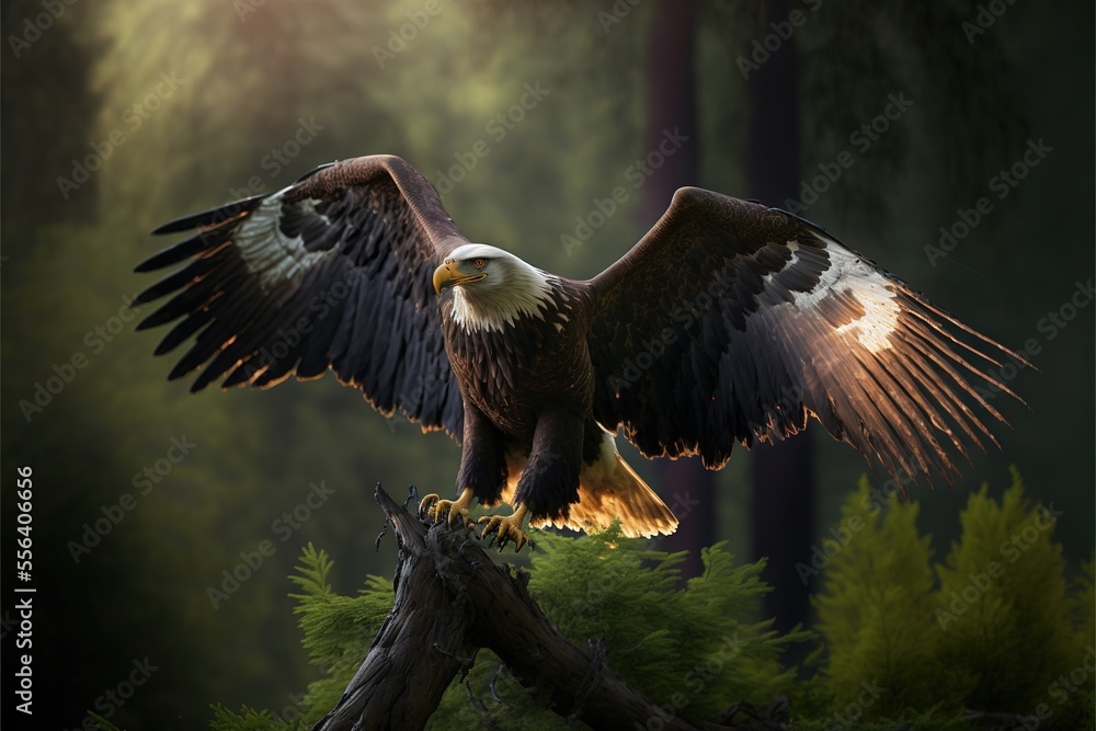 Poster a bald eagle is perched on a tree branch in the forest with its wings spread wide open and its wings