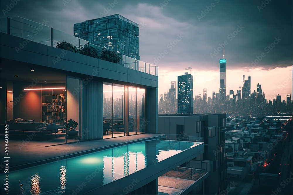 Poster a city skyline with a pool in the foreground and a skyscraper in the background at dusk with a cloud