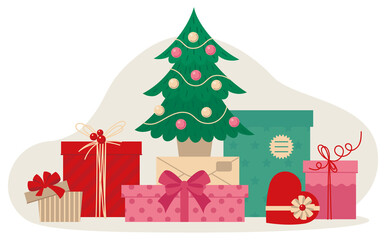 Gift boxes with Christmas decor. Christmas tree. PNG image.