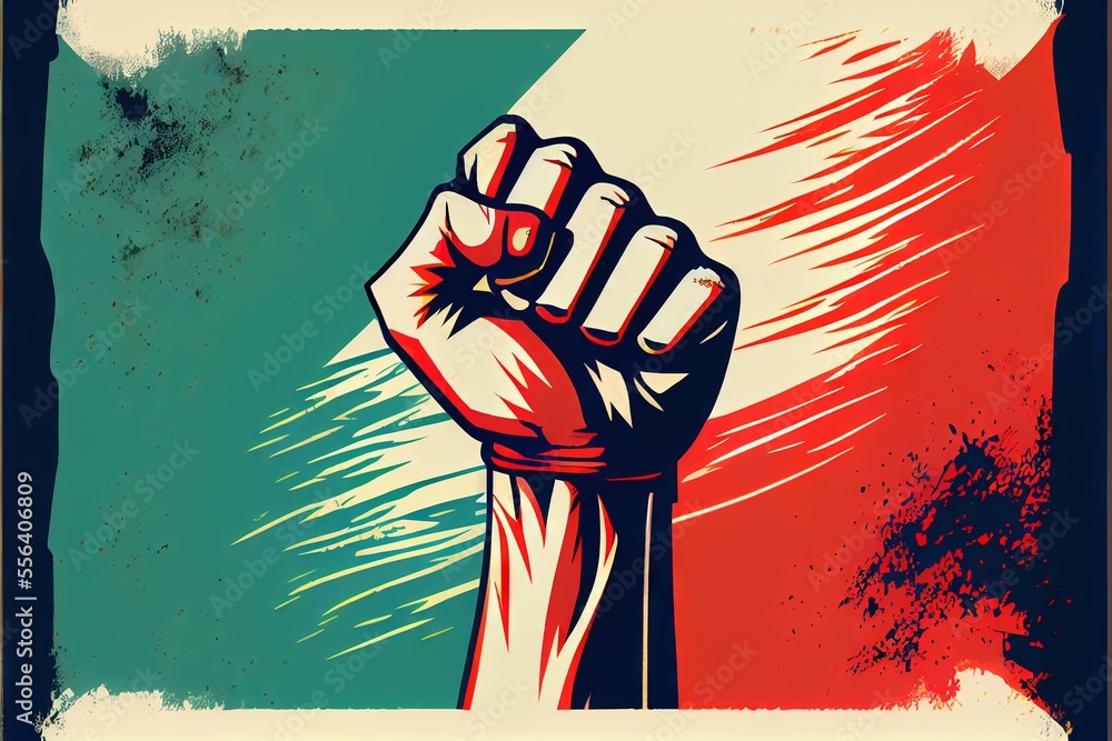 Poster a poster of a fist raised up in the air with a red and green background behind it and a blue and red