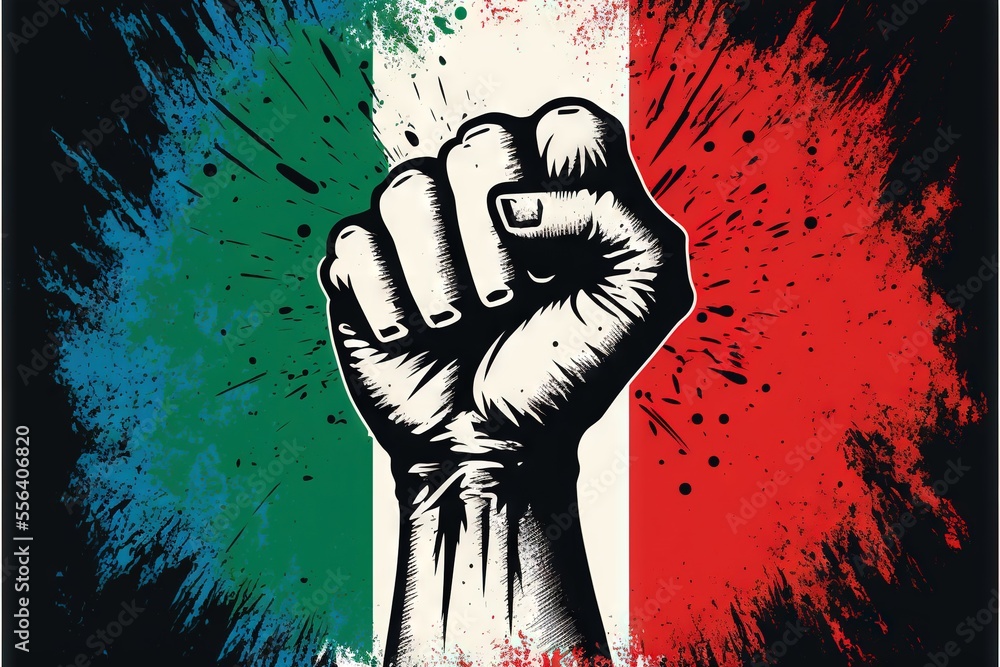 Poster a fist in front of a flag of italy with paint splatters on it and a grungy background. generative ai