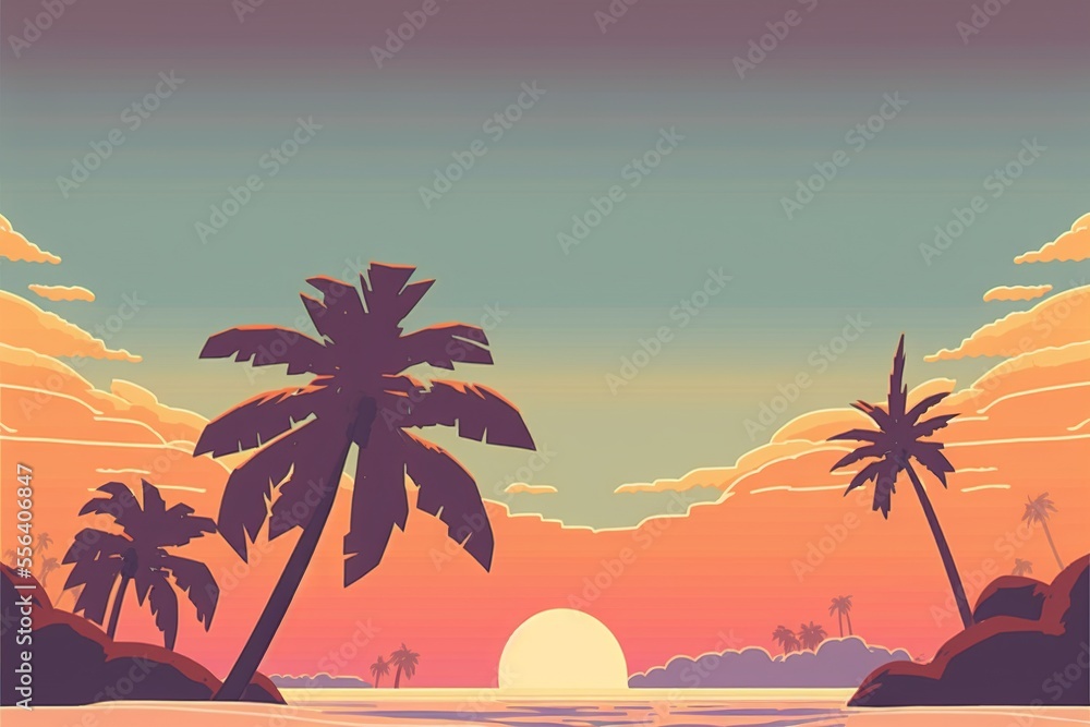 Poster a sunset with palm trees and a beach in the background with a boat in the water and a sun setting. g