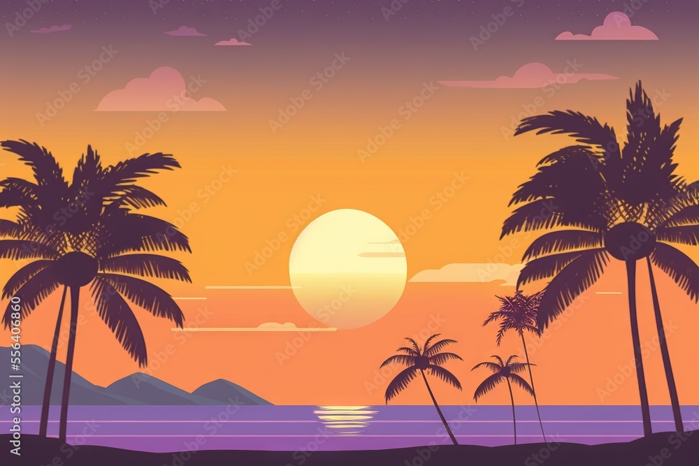 Poster a sunset with palm trees and a mountain in the background with a bright sun in the sky and a few clo