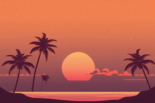  a sunset with palm trees and a beach in the background with a star filled sky and a full moon. Generative AI