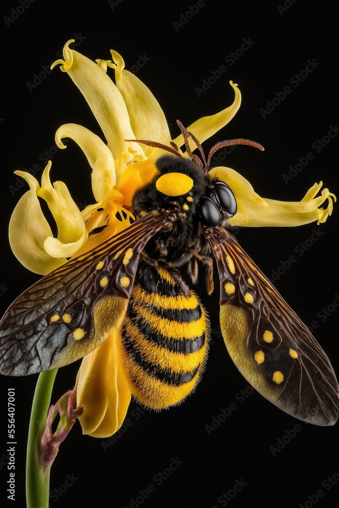 Poster a bee sitting on top of a yellow flower with a black background behind it and a black background beh