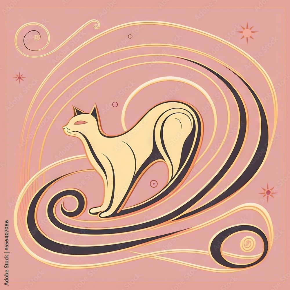 Poster a cat sitting on top of a wave in the ocean with stars in the background and a pink background. gene
