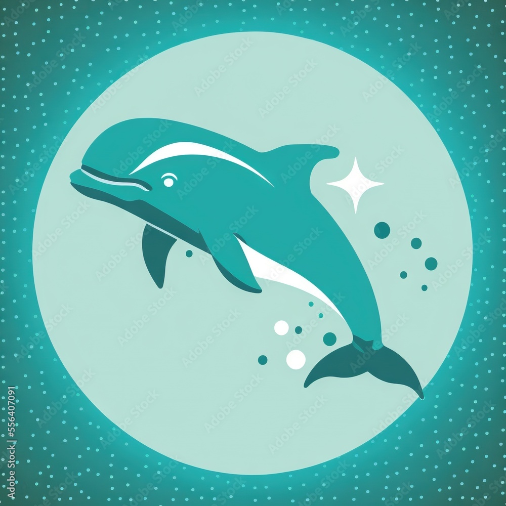 Poster a dolphin jumping out of the water with bubbles in the background and a starfish in the foreground. 