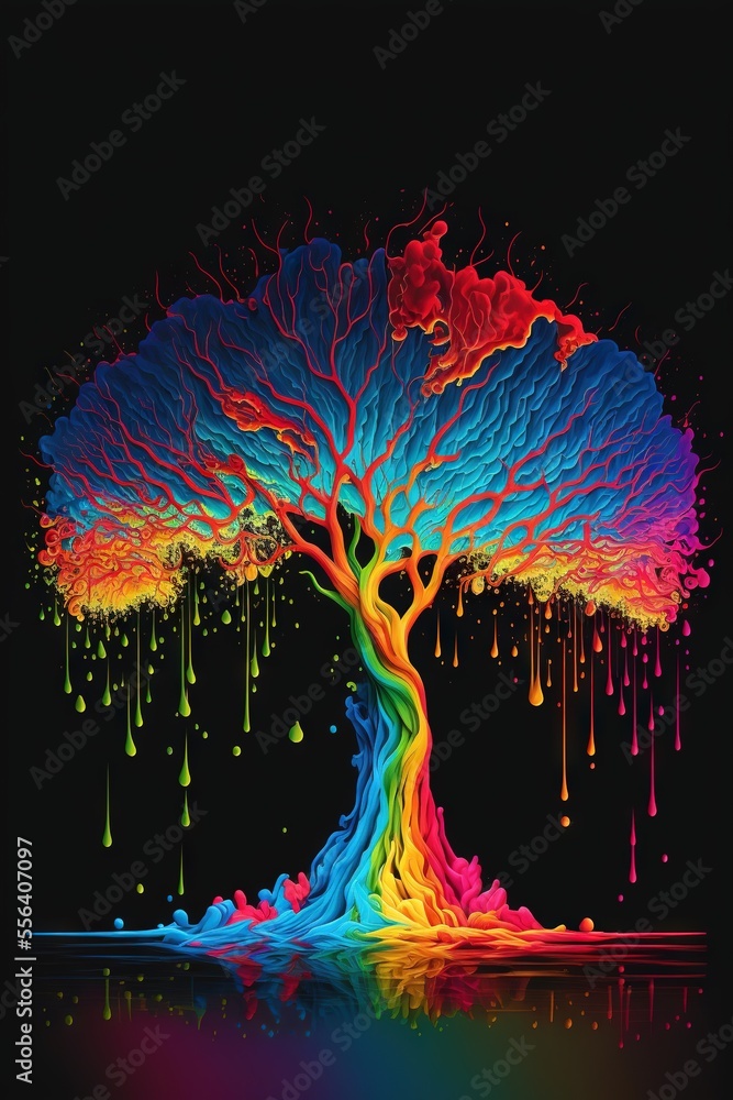 Poster a psychedelic tree with dripping paint on it's branches and a black background with a rainbow tree o