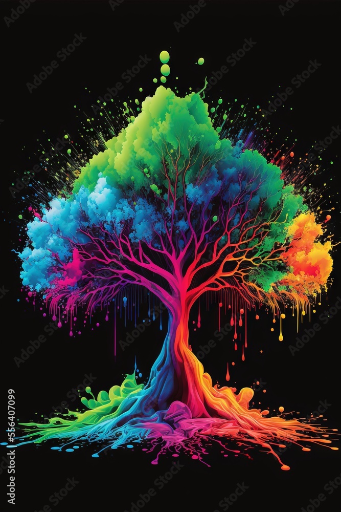 Poster  a colorful tree with a black background and a black background with a black background and a black background with a black background and a black background with a. Generative AI