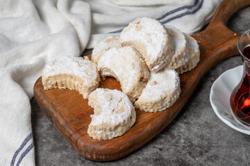 Kavala cookies on a dark background. Sweet almond cookies. Bakery products. close up