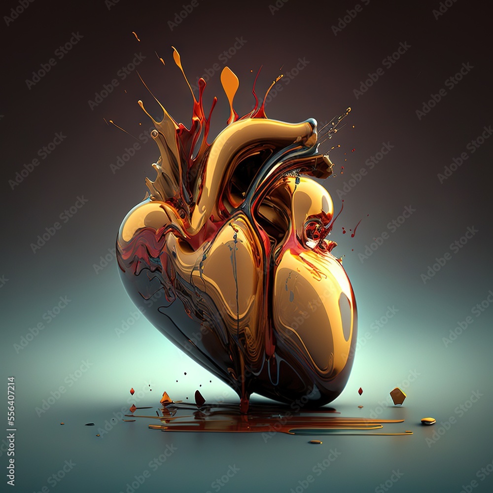 Poster a heart shaped object with paint splattered on it's side and a black background with a red and yello
