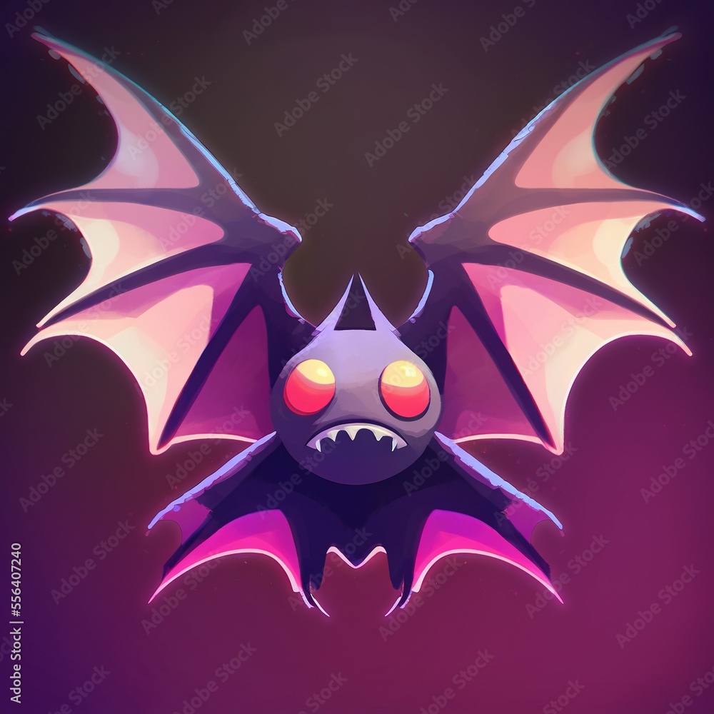 Aufkleber a bat with glowing eyes and a purple background with a red light on it's face and a black background