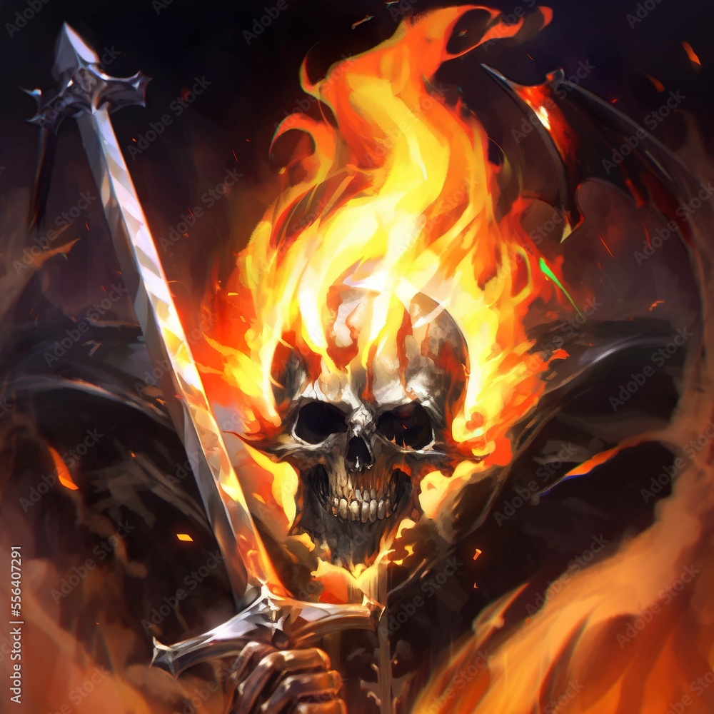 Poster a skull with a sword in its hand and a flame behind it. generative ai