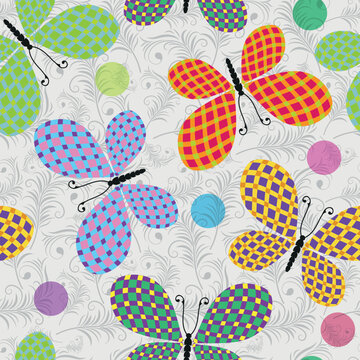 Vector seamless pattern with cheerful multicolored checkered butterflies on a light background with floral ornament