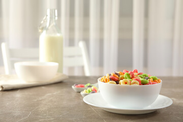 Concept of breakfast food, colorful corn flakes, close up