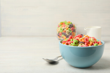 Concept of breakfast food, colorful corn flakes, space for text